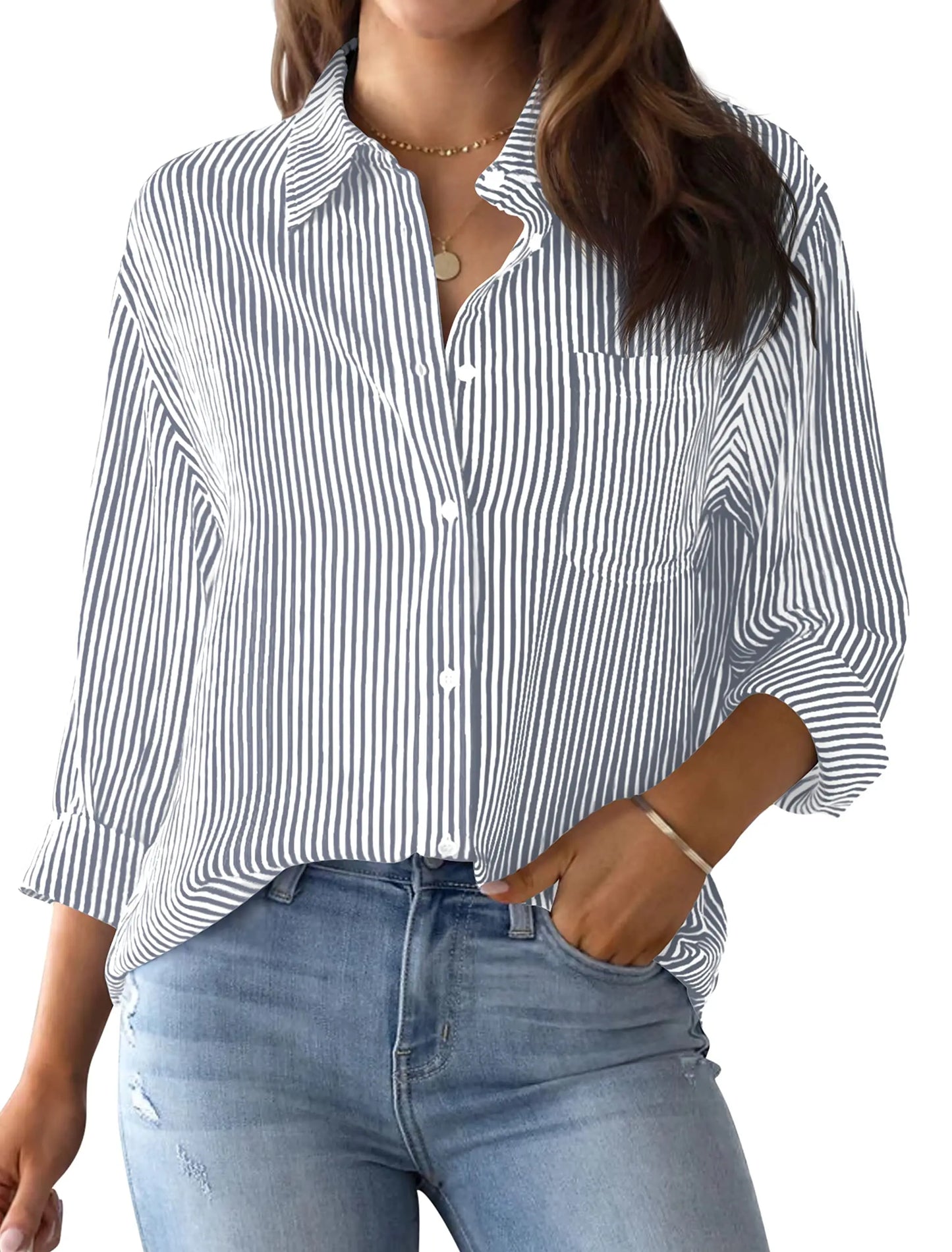 Women's Shirt Blouse Pink Striped classic Print,Button Long Sleeve Casual No pockets Daily Basic Shirt 2025 Fall & Winter Tops