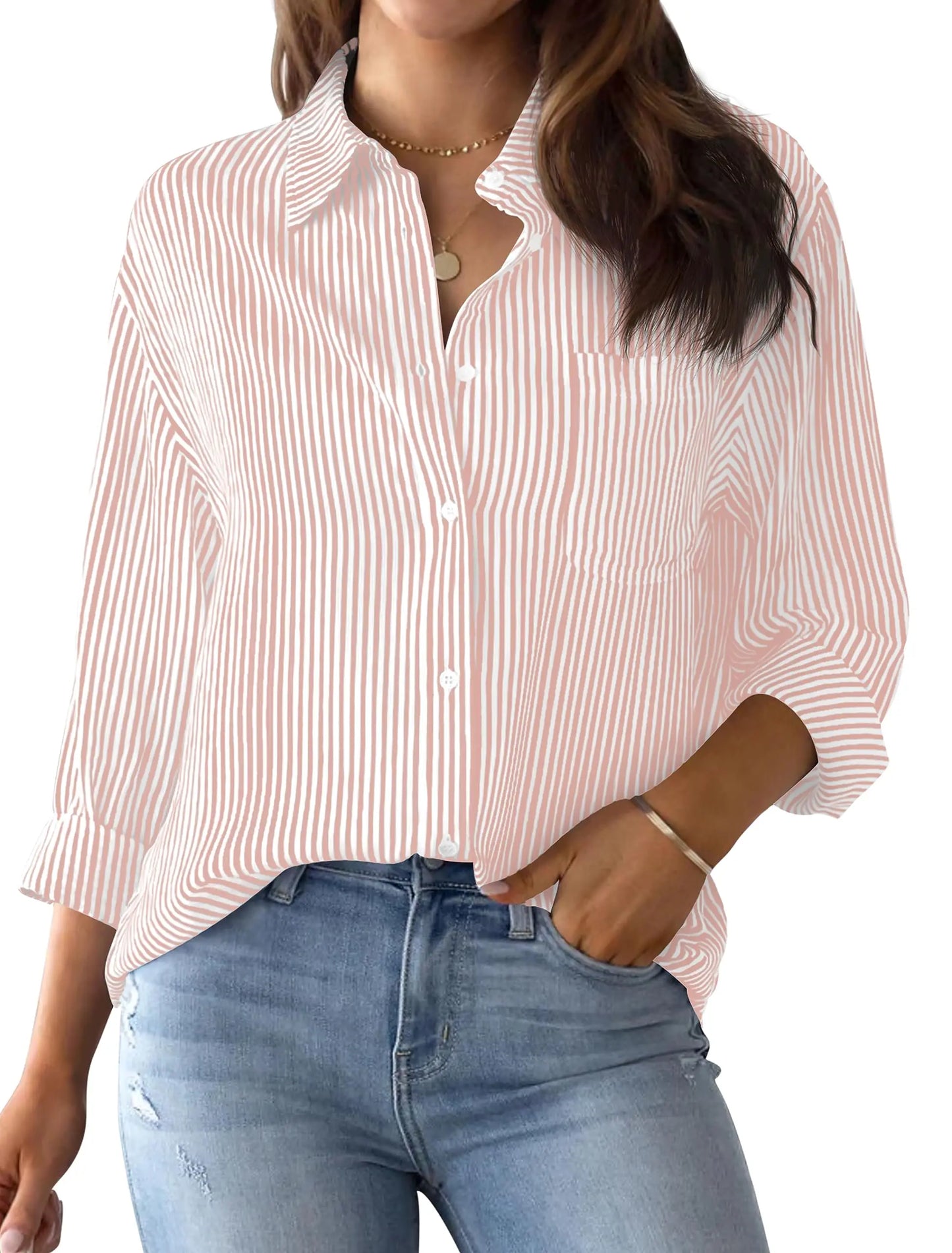 Women's Shirt Blouse Pink Striped classic Print,Button Long Sleeve Casual No pockets Daily Basic Shirt 2025 Fall & Winter Tops