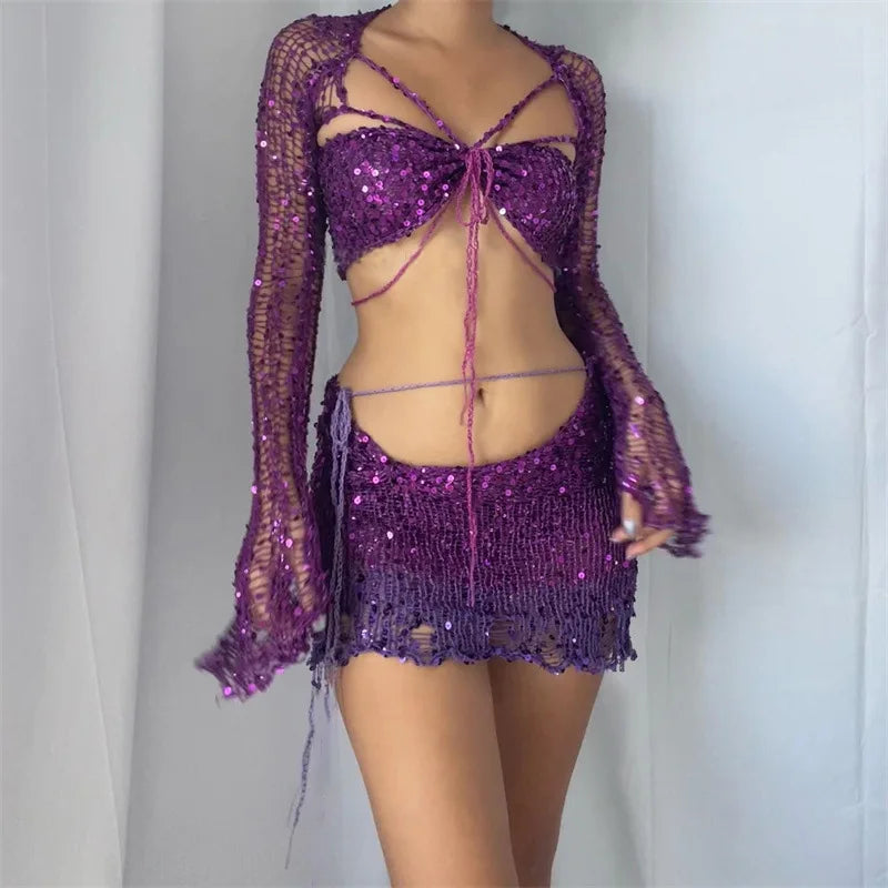 Sexy Sequined Knitted Sweater Party Dresses 3 Piece Skirt Sets Womens Outfits Flare Long Sleeve See Through Clue Wear Dress