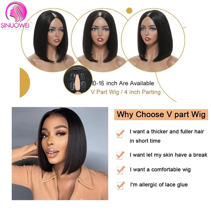 Straight Short Human Hair Wigs No Glue U Part Wig