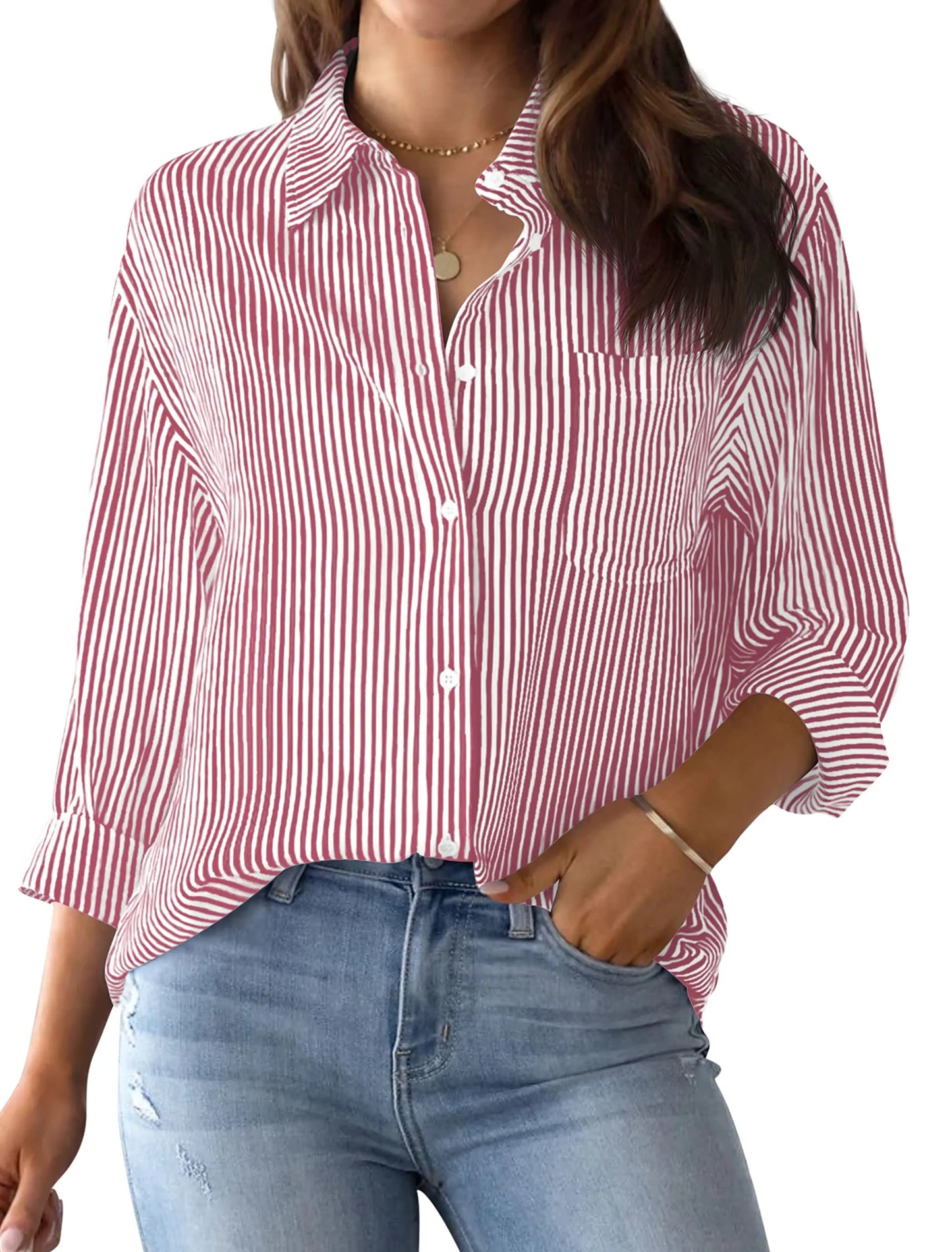 Women's Shirt Blouse Pink Striped classic Print,Button Long Sleeve Casual No pockets Daily Basic Shirt 2025 Fall & Winter Tops