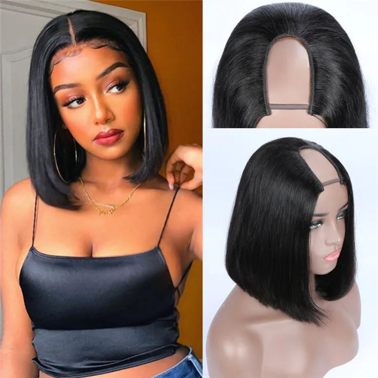 Straight Short Human Hair Wigs No Glue U Part Wig