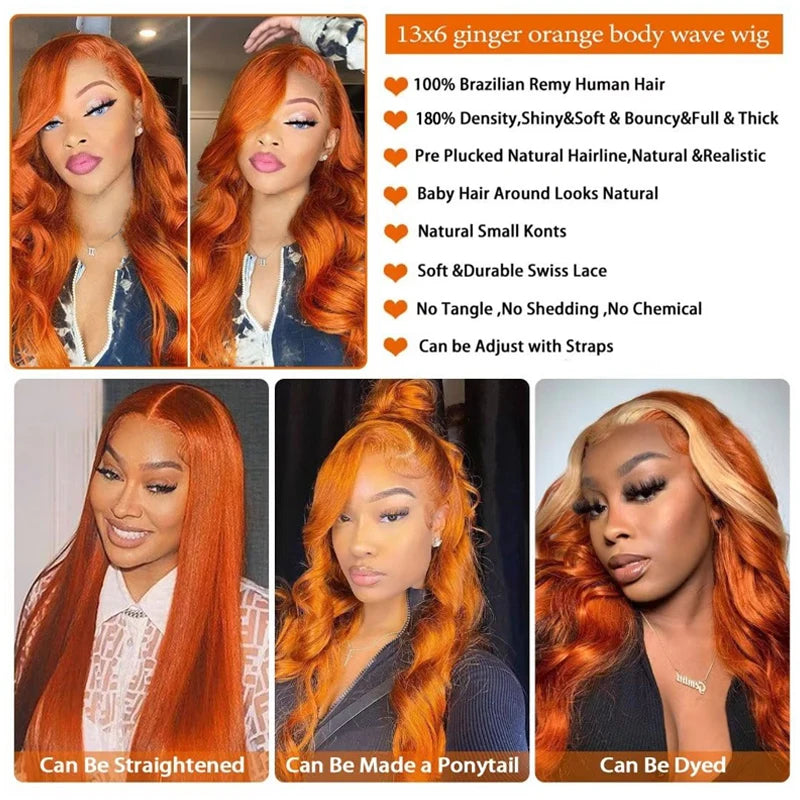 30 36 Inch Body Wave 13x6 Orange Ginger Lace Front Wigs Human Hair Pre Plucked 13x4 Human Hair Lace Frontal Wigs For Women