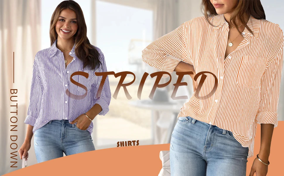 Women's Shirt Blouse Pink Striped classic Print,Button Long Sleeve Casual No pockets Daily Basic Shirt 2025 Fall & Winter Tops