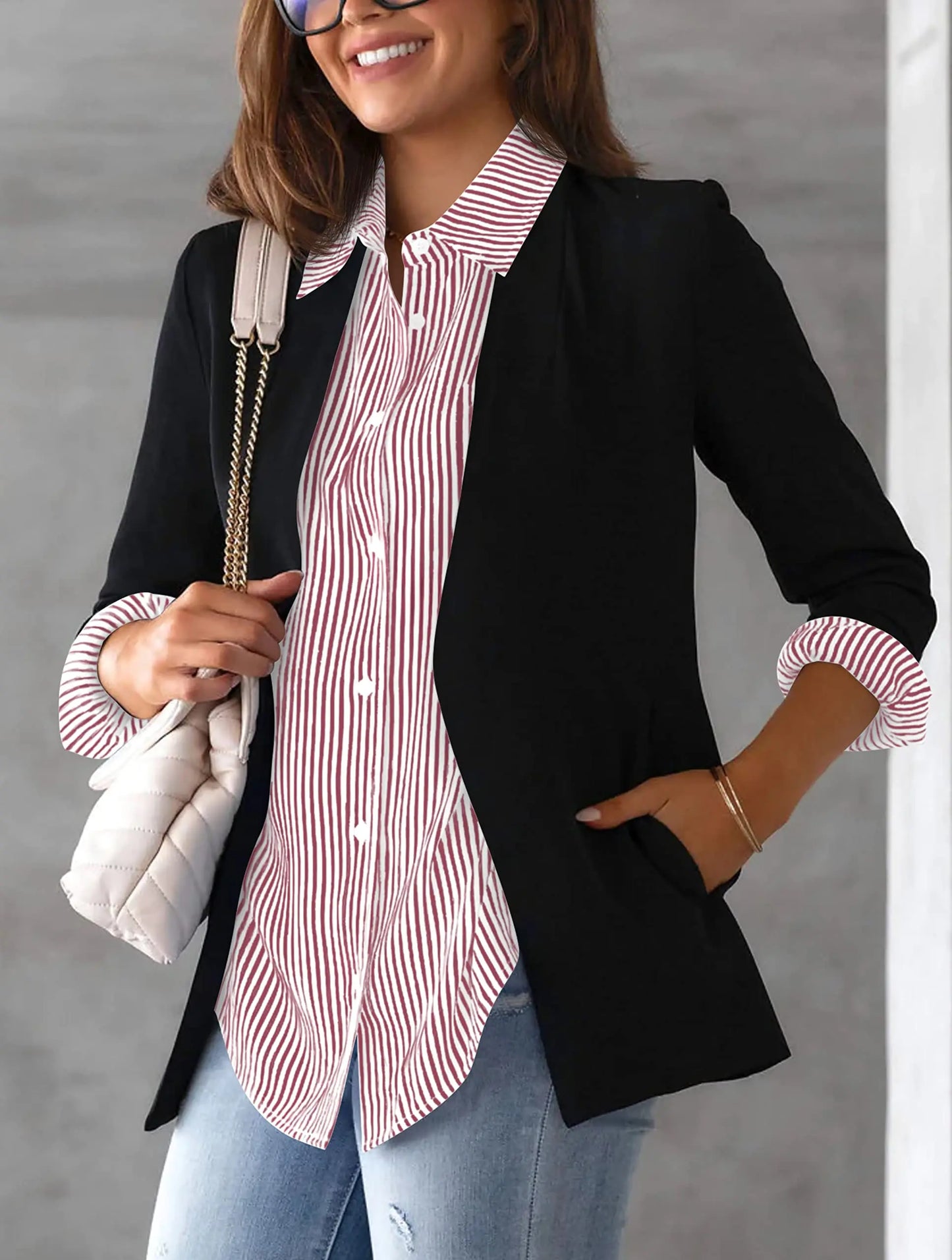 Women's Shirt Blouse Pink Striped classic Print,Button Long Sleeve Casual No pockets Daily Basic Shirt 2025 Fall & Winter Tops