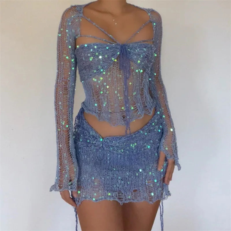 Sexy Sequined Knitted Sweater Party Dresses 3 Piece Skirt Sets Womens Outfits Flare Long Sleeve See Through Clue Wear Dress