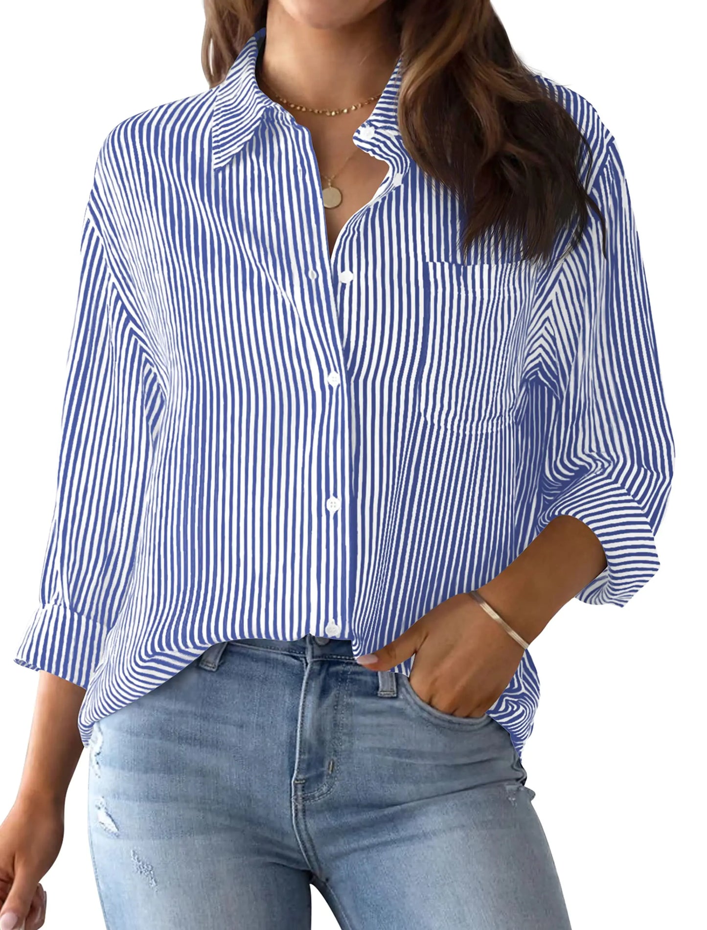 Women's Shirt Blouse Pink Striped classic Print,Button Long Sleeve Casual No pockets Daily Basic Shirt 2025 Fall & Winter Tops