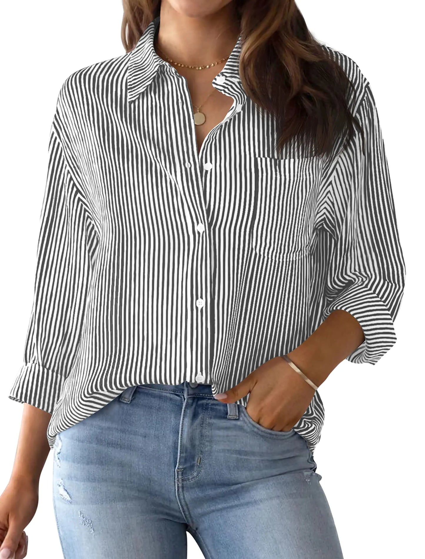 Women's Shirt Blouse Pink Striped classic Print,Button Long Sleeve Casual No pockets Daily Basic Shirt 2025 Fall & Winter Tops