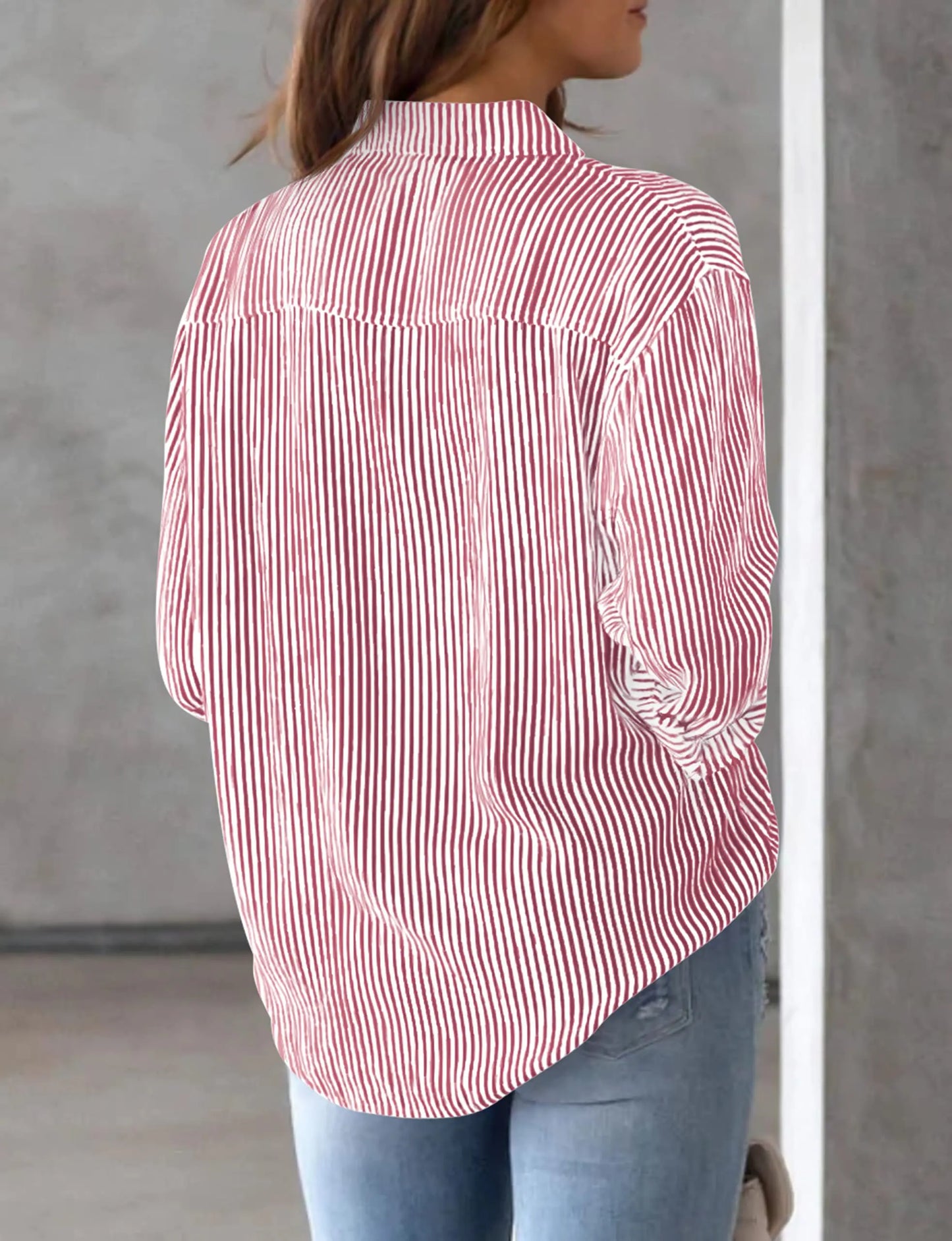 Women's Shirt Blouse Pink Striped classic Print,Button Long Sleeve Casual No pockets Daily Basic Shirt 2025 Fall & Winter Tops