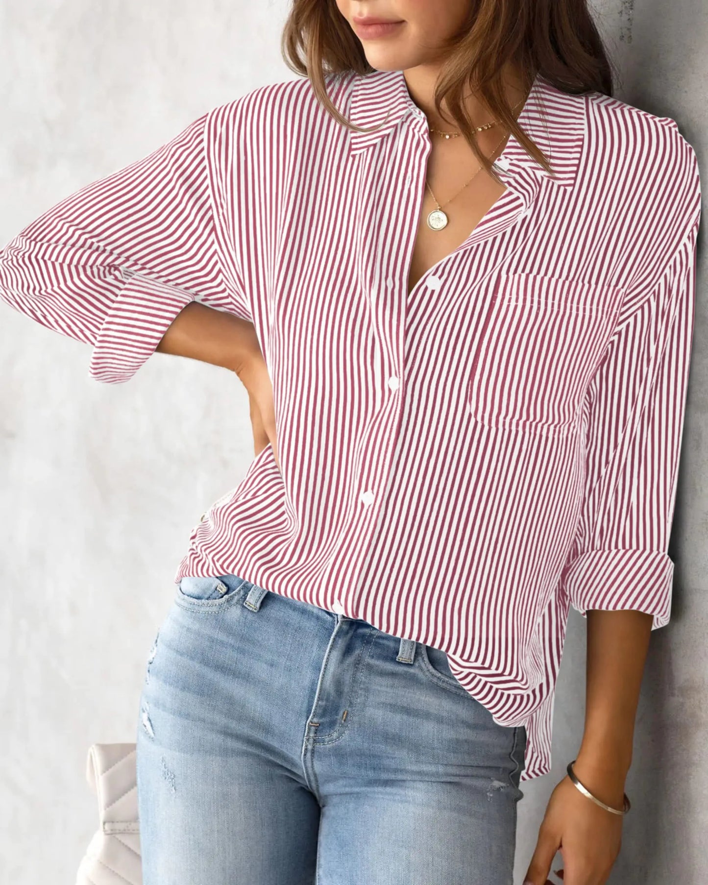 Women's Shirt Blouse Pink Striped classic Print,Button Long Sleeve Casual No pockets Daily Basic Shirt 2025 Fall & Winter Tops