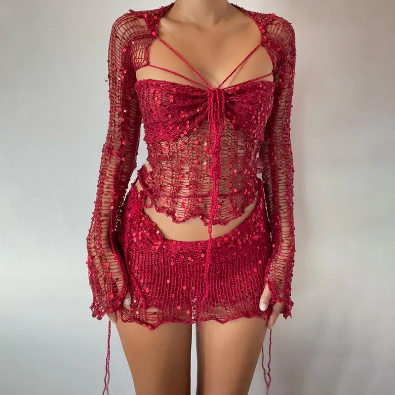 Sexy Sequined Knitted Sweater Party Dresses 3 Piece Skirt Sets Womens Outfits Flare Long Sleeve See Through Clue Wear Dress