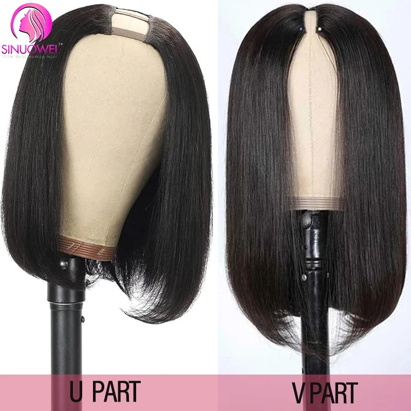 Straight Short Human Hair Wigs No Glue U Part Wig