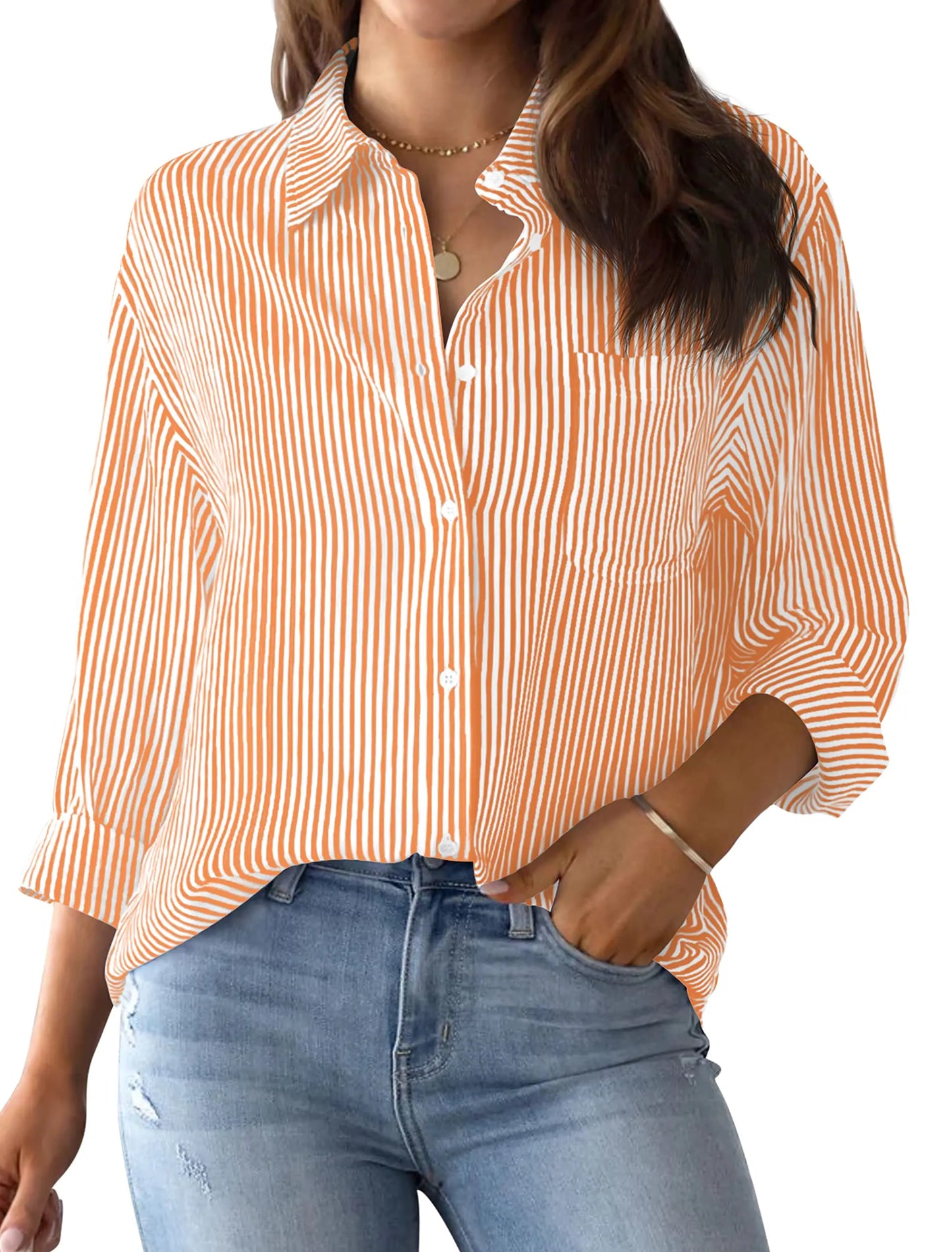 Women's Shirt Blouse Pink Striped classic Print,Button Long Sleeve Casual No pockets Daily Basic Shirt 2025 Fall & Winter Tops