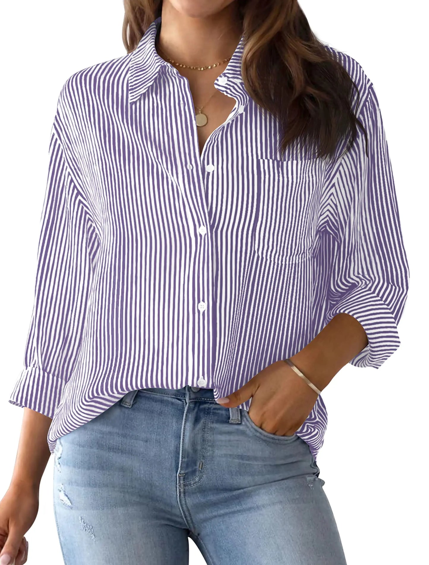 Women's Shirt Blouse Pink Striped classic Print,Button Long Sleeve Casual No pockets Daily Basic Shirt 2025 Fall & Winter Tops