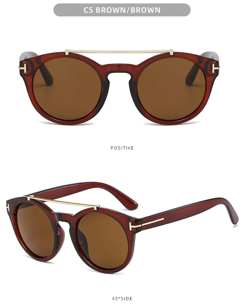 Trendy Retro Round Rivet Sunglasses Women 2025 Brand Double Bridge Shade Eyewear Colorful Lens Gray Yellow Frame Men Sun Glasses
