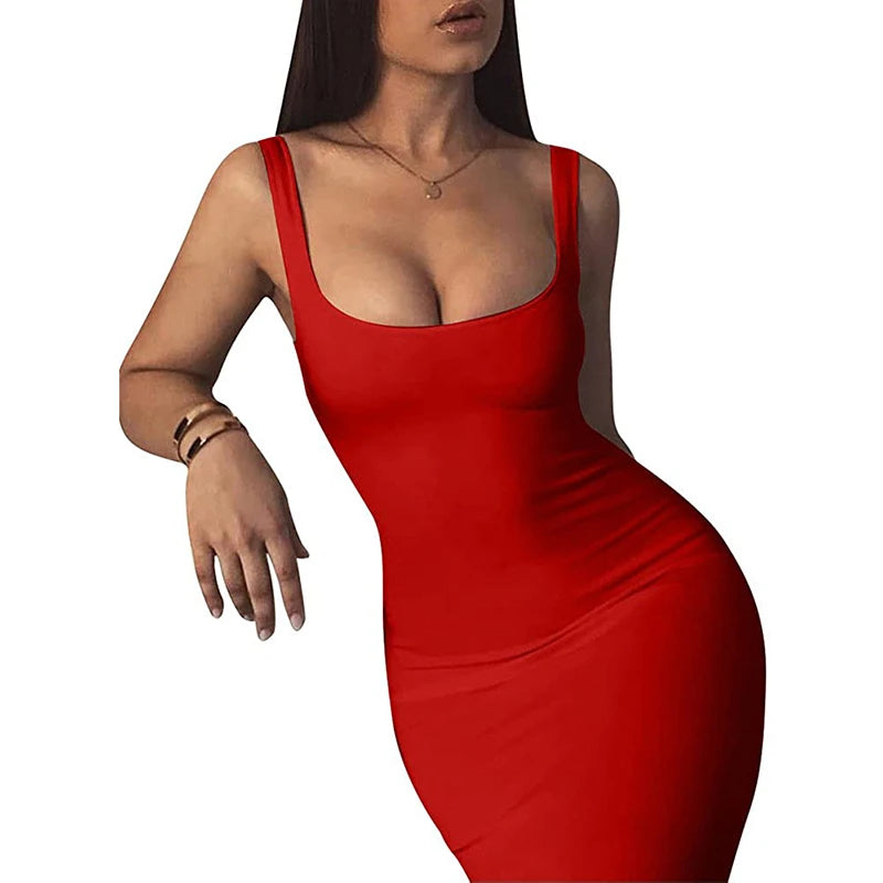 Women's Sexy Bodycon Tank Dress Sleeveless Basic Midi Club Dresses