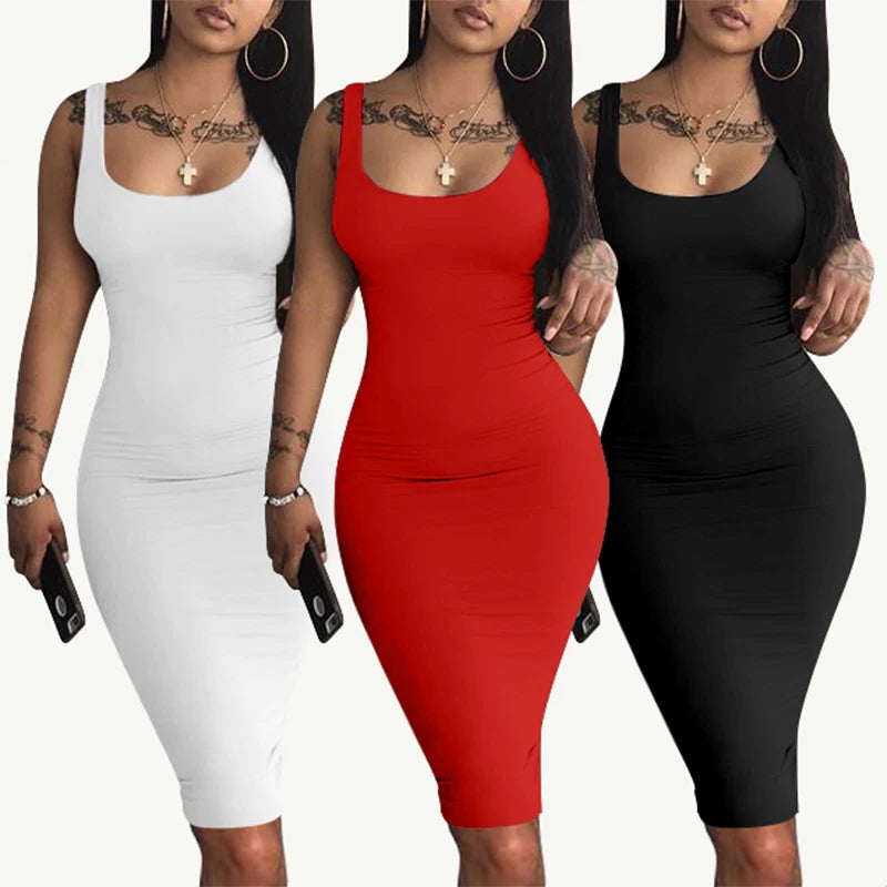 Women's Sexy Bodycon Tank Dress Sleeveless Basic Midi Club Dresses