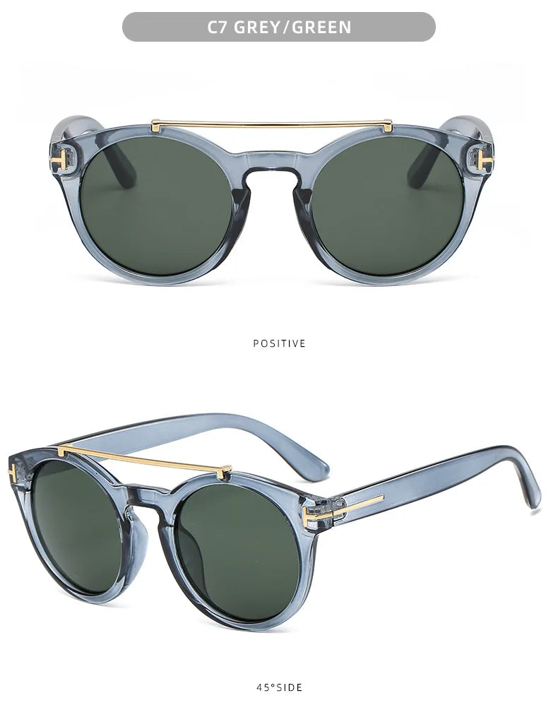 Trendy Retro Round Rivet Sunglasses Women 2025 Brand Double Bridge Shade Eyewear Colorful Lens Gray Yellow Frame Men Sun Glasses