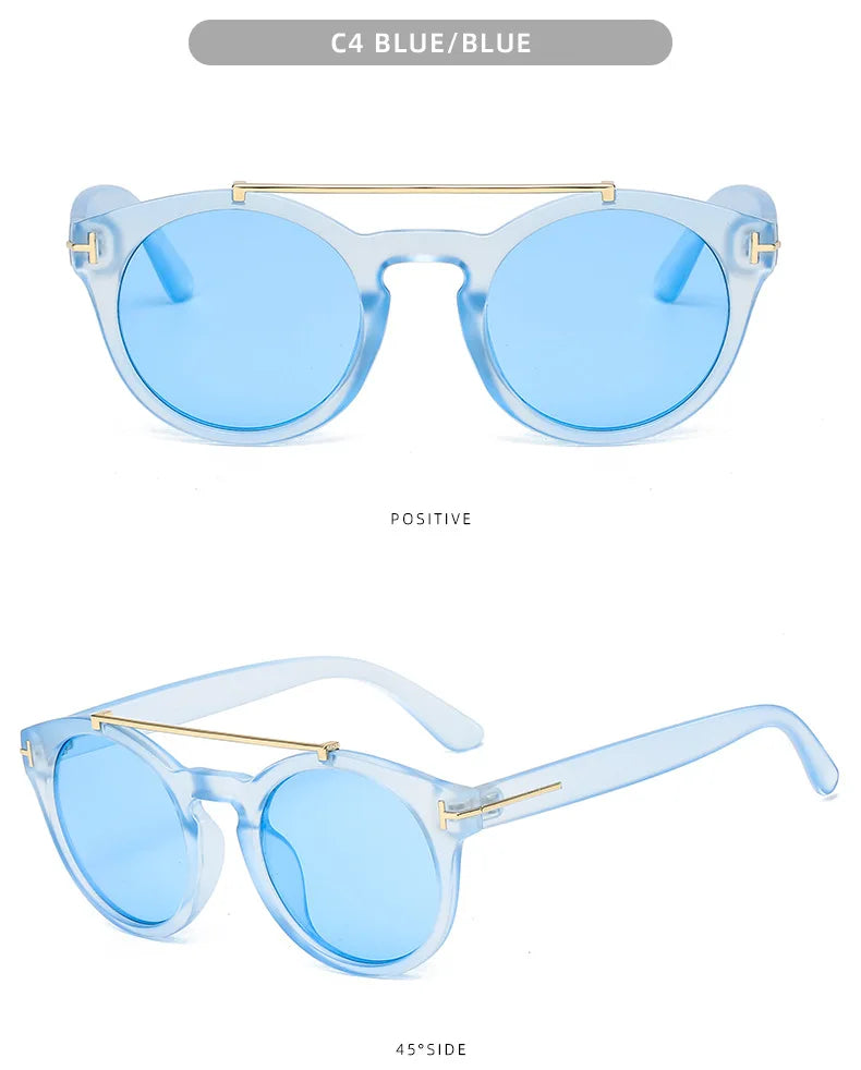Trendy Retro Round Rivet Sunglasses Women 2025 Brand Double Bridge Shade Eyewear Colorful Lens Gray Yellow Frame Men Sun Glasses