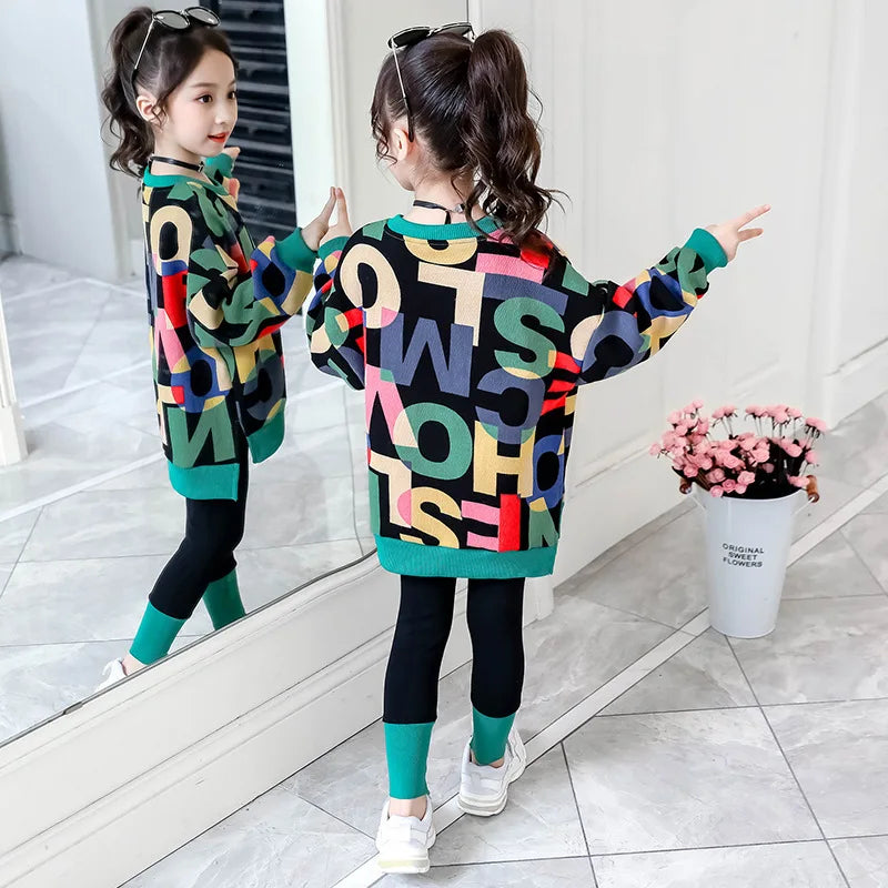 2025 girls clothes autumn winter letter sweatshirt t-shirt hooded + stretch pants leggings cotton teens child 8 9 10 11 12 year