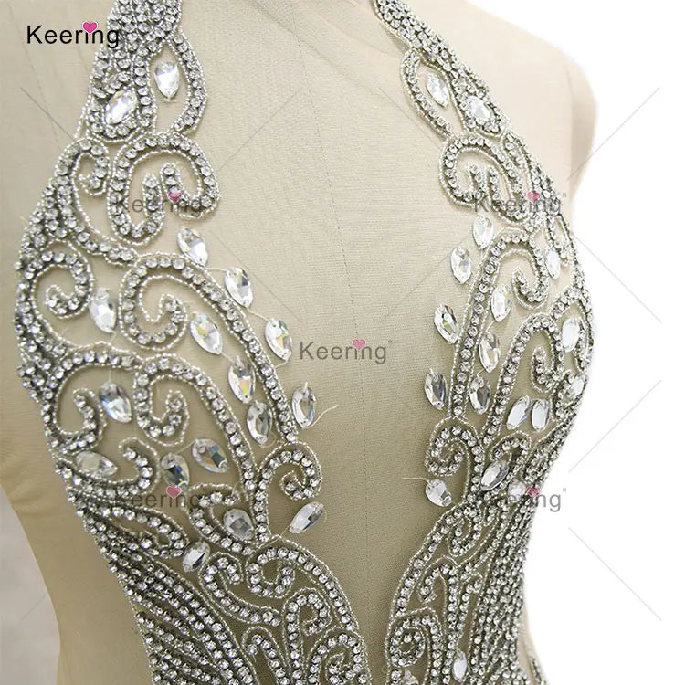 Keering Fashion Designer Silver Crystal 2023 Girls Clothing Sets Custom Glass Rhinestone Black Gold Applique for Dresses