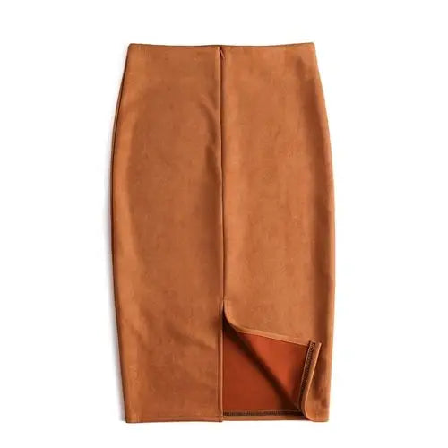 Winter Sexy Bodycon Suede Skirts 2025 Fashion Knee Length High Waist Office Skirt Korean Women Clothes Elegant Slim Pencil Skirt