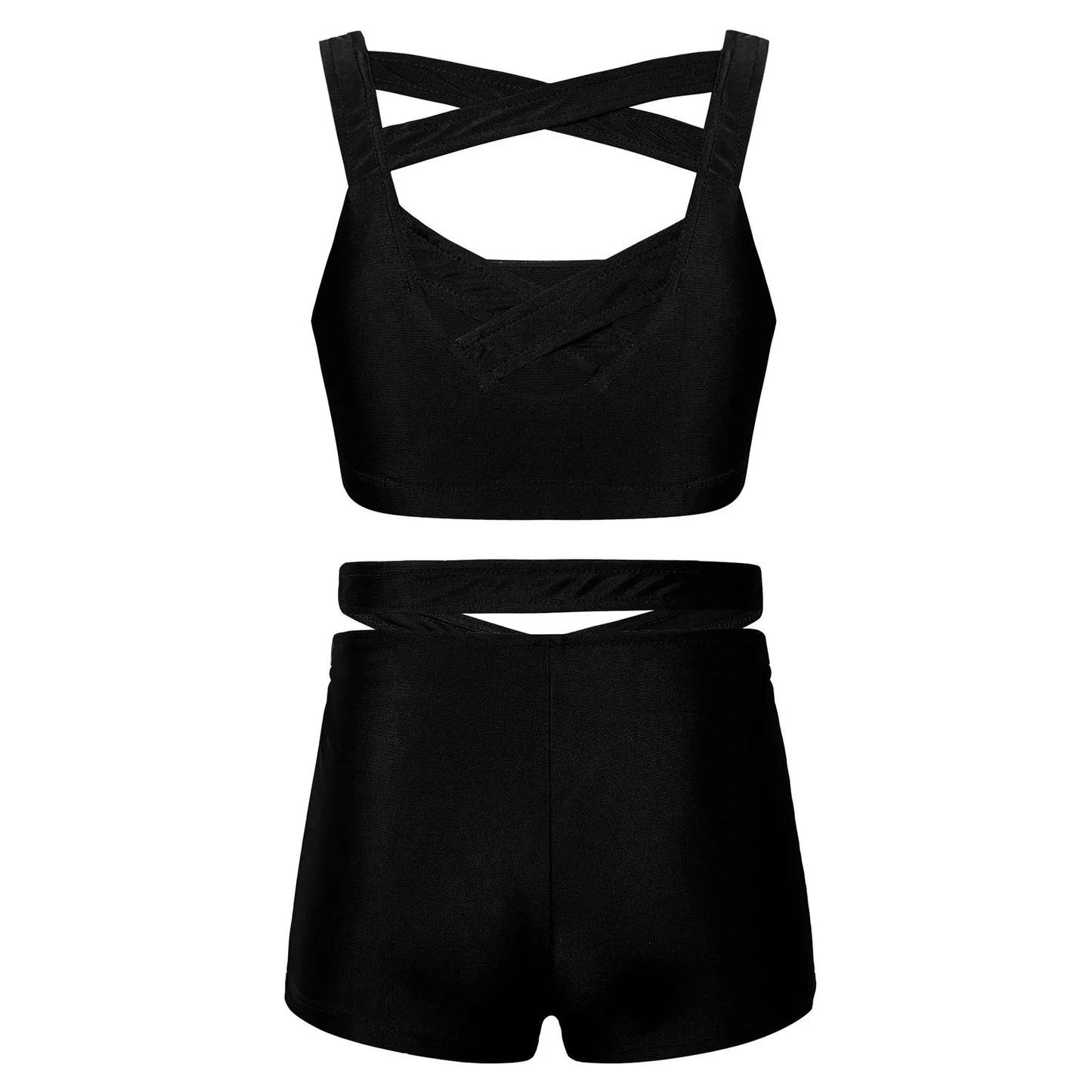 Kids Girls Stretchy Strappy Ballet Dance Sets Sleeveless Gymnastics Workout Crop Top with Shorts Set Girls Sports Dance Wear
