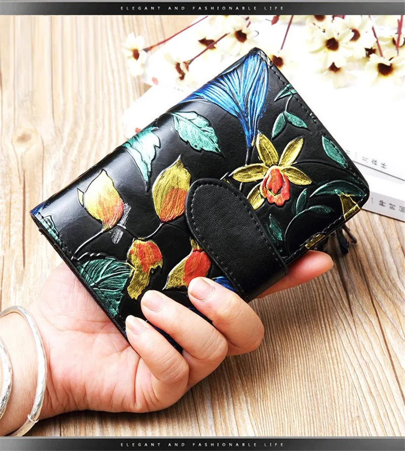 Floral Purse Short Women 2025 New Small Wallet Women Cards and Coins Cow Leather Purse Bag