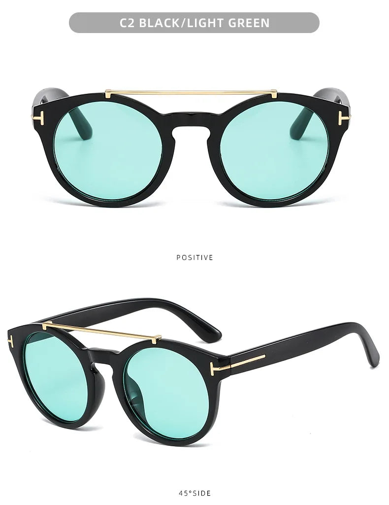 Trendy Retro Round Rivet Sunglasses Women 2025 Brand Double Bridge Shade Eyewear Colorful Lens Gray Yellow Frame Men Sun Glasses