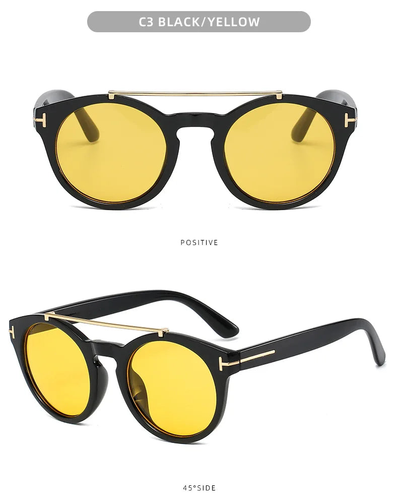 Trendy Retro Round Rivet Sunglasses Women 2025 Brand Double Bridge Shade Eyewear Colorful Lens Gray Yellow Frame Men Sun Glasses
