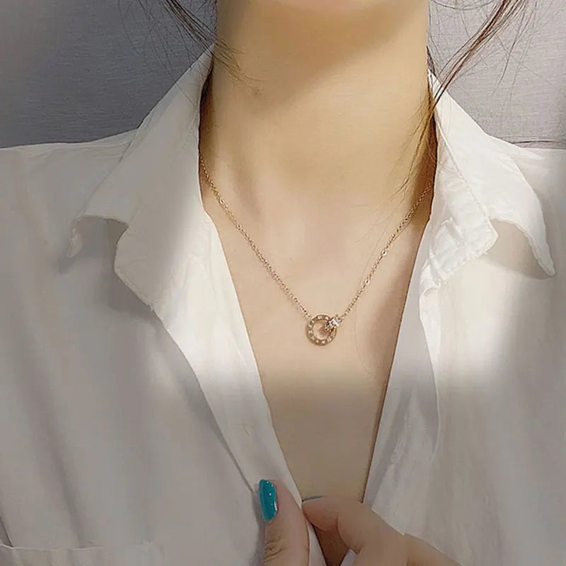Women's Roman Numerals Pendant Necklace Titanium Steel