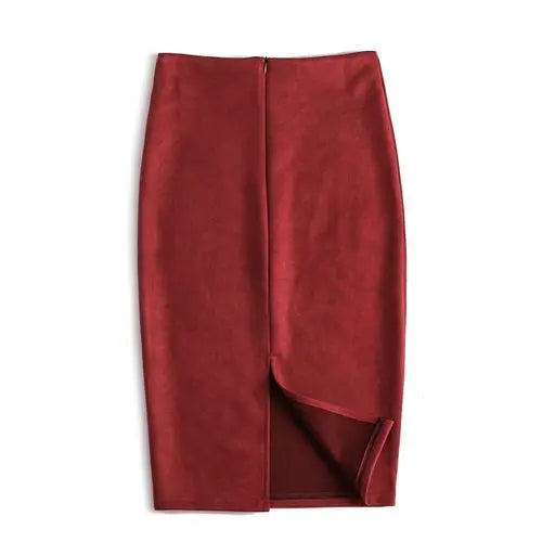 Winter Sexy Bodycon Suede Skirts 2025 Fashion Knee Length High Waist Office Skirt Korean Women Clothes Elegant Slim Pencil Skirt
