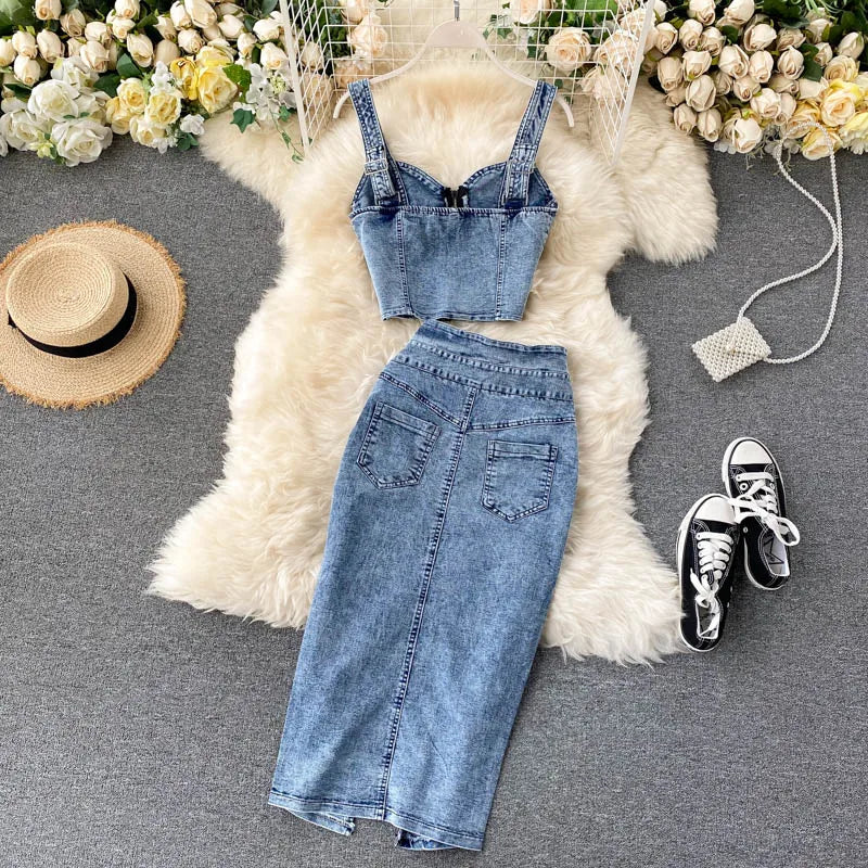 Amolapha Women Jeans Tank Vest+Skirts Sets Woman Girls Slim Denim Straps Tops Buttons Maxi Skirt Suits