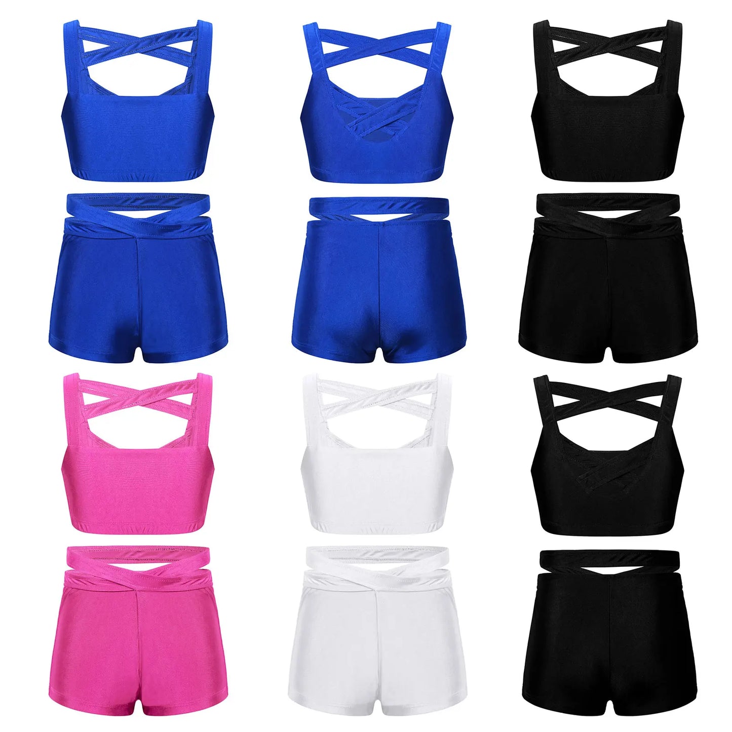 Kids Girls Stretchy Strappy Ballet Dance Sets Sleeveless Gymnastics Workout Crop Top with Shorts Set Girls Sports Dance Wear