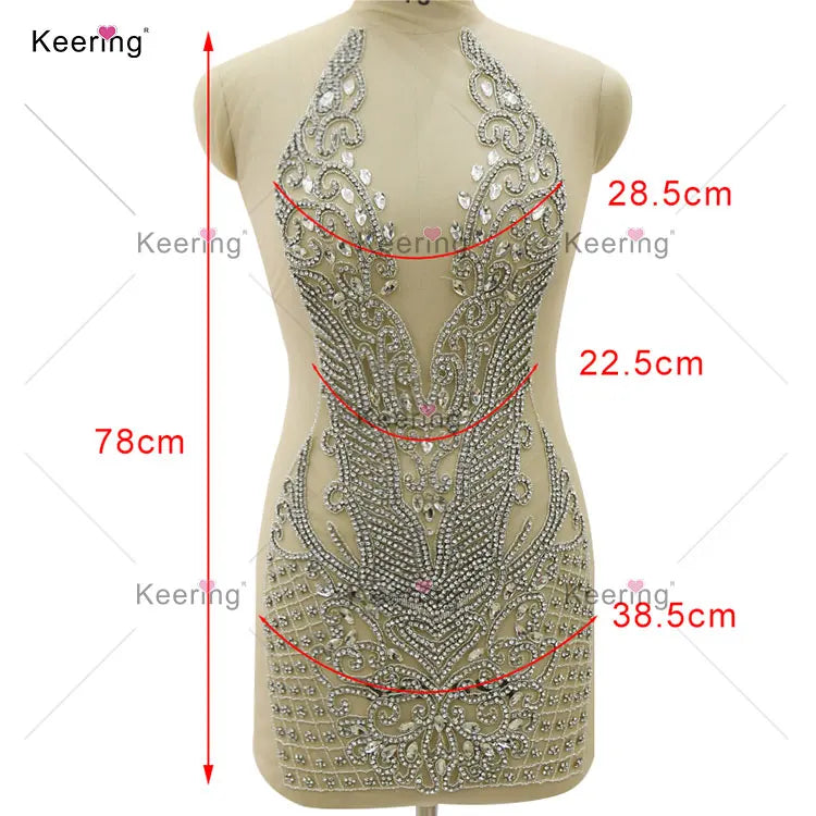 Keering Fashion Designer Silver Crystal 2023 Girls Clothing Sets Custom Glass Rhinestone Black Gold Applique for Dresses