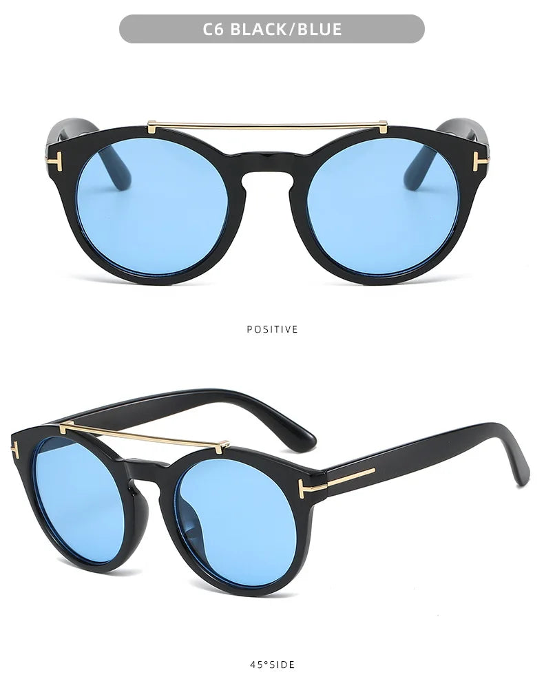 Trendy Retro Round Rivet Sunglasses Women 2025 Brand Double Bridge Shade Eyewear Colorful Lens Gray Yellow Frame Men Sun Glasses