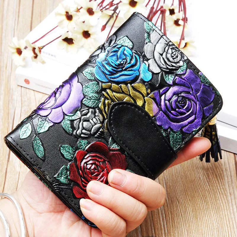 Floral Purse Short Women 2025 New Small Wallet Women Cards and Coins Cow Leather Purse Bag
