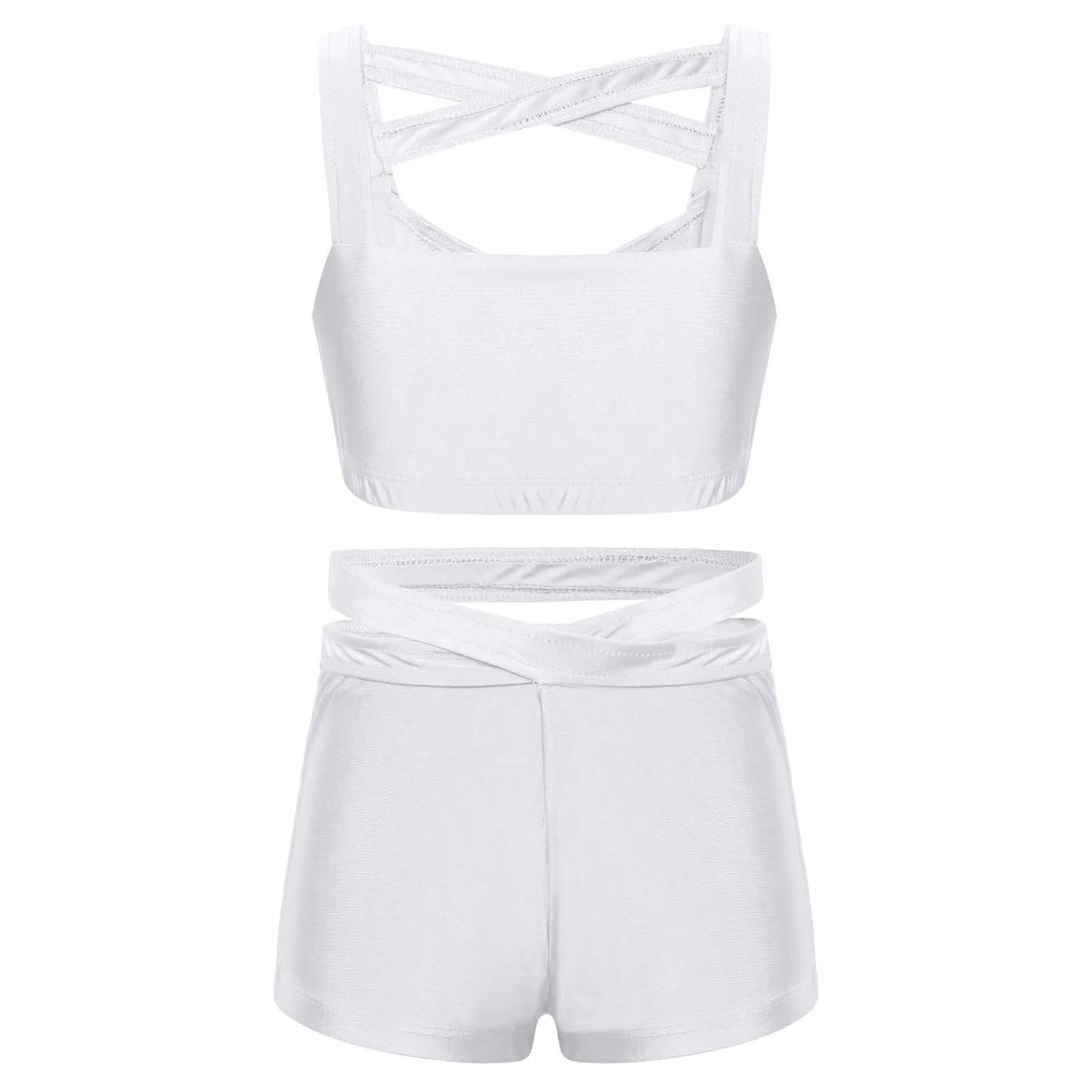 Kids Girls Stretchy Strappy Ballet Dance Sets Sleeveless Gymnastics Workout Crop Top with Shorts Set Girls Sports Dance Wear