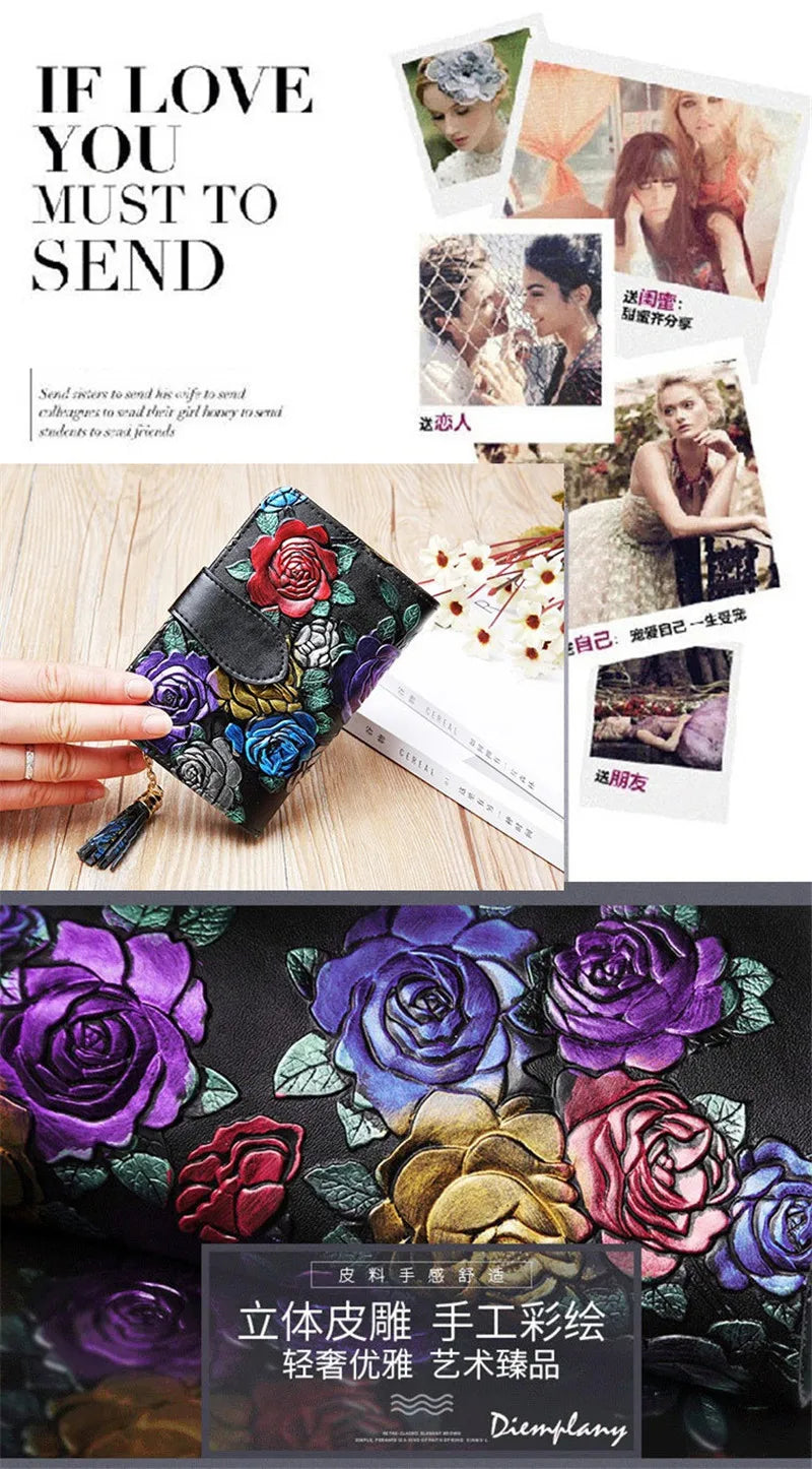 Floral Purse Short Women 2025 New Small Wallet Women Cards and Coins Cow Leather Purse Bag