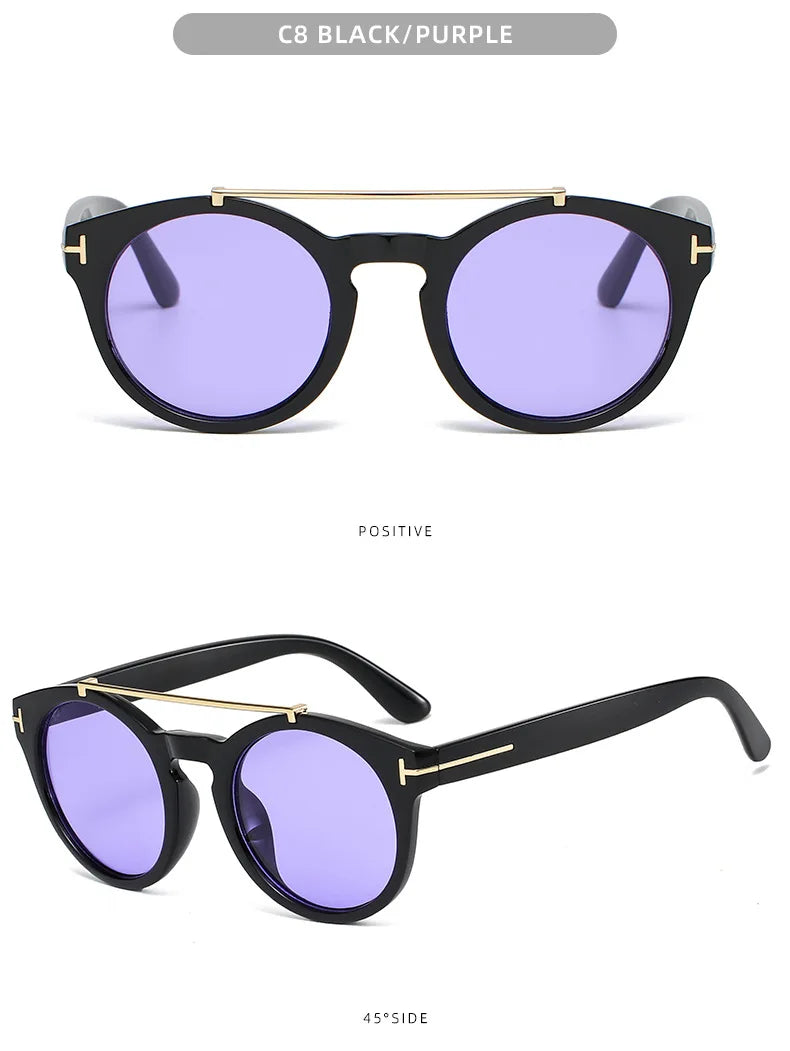 Trendy Retro Round Rivet Sunglasses Women 2025 Brand Double Bridge Shade Eyewear Colorful Lens Gray Yellow Frame Men Sun Glasses