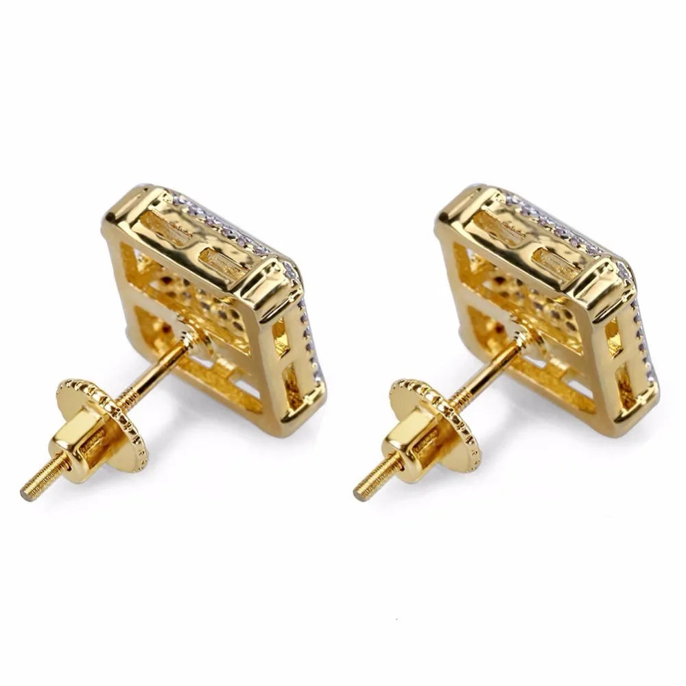 Full AAA+ CZ Stone Pave Bling Ice Out Men's Hip Hop Stud Earring Gold Color Copper Square Earrings for Men Hiphop Rapper Jewelry