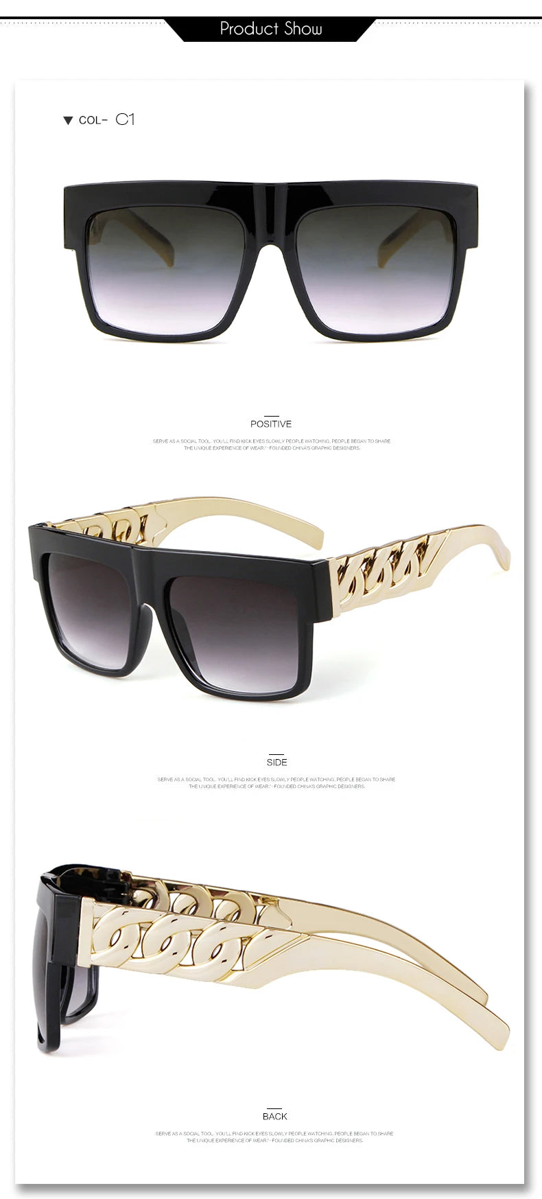 2025 Oversized Hip Hop Sunglasses Men Women Brand Design Flat Top Retro Square Black Sun Glasses Gold Plastic Chain Frame OM725