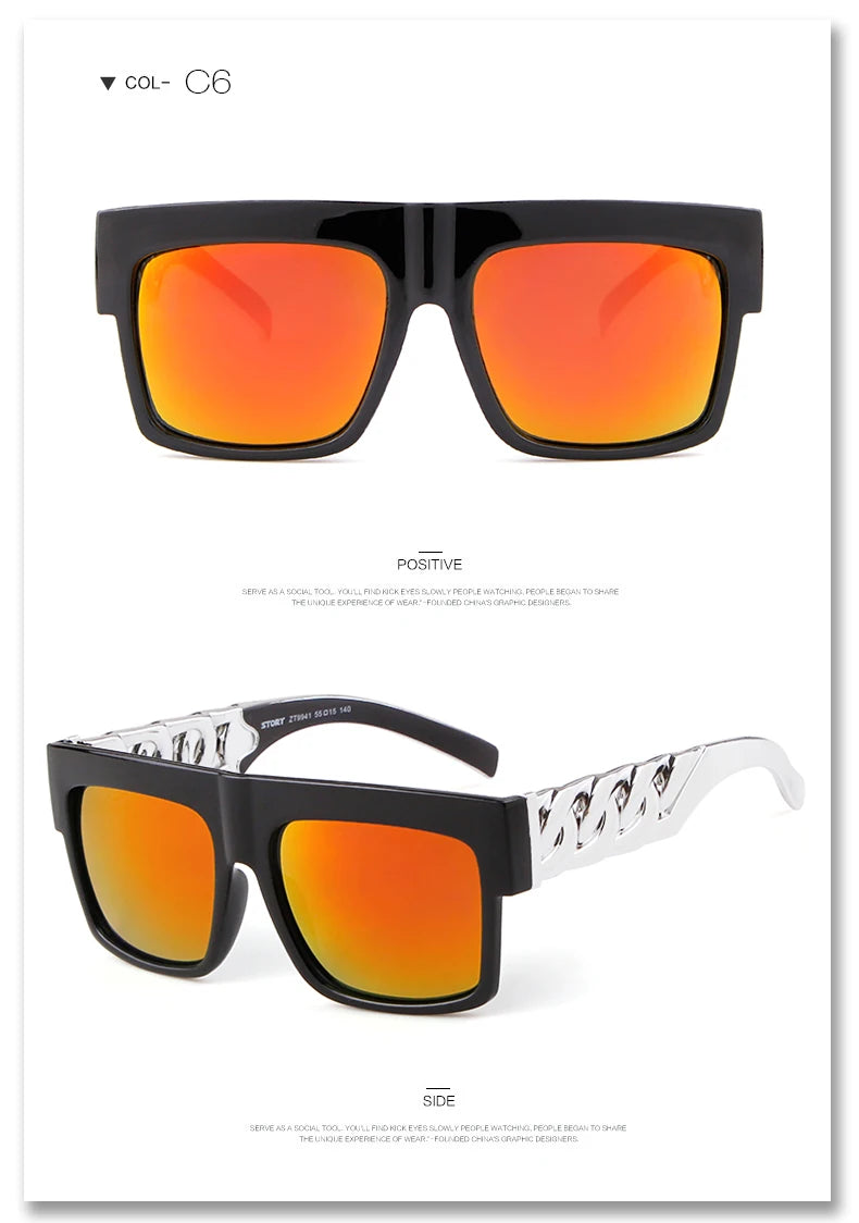 2025 Oversized Hip Hop Sunglasses Men Women Brand Design Flat Top Retro Square Black Sun Glasses Gold Plastic Chain Frame OM725