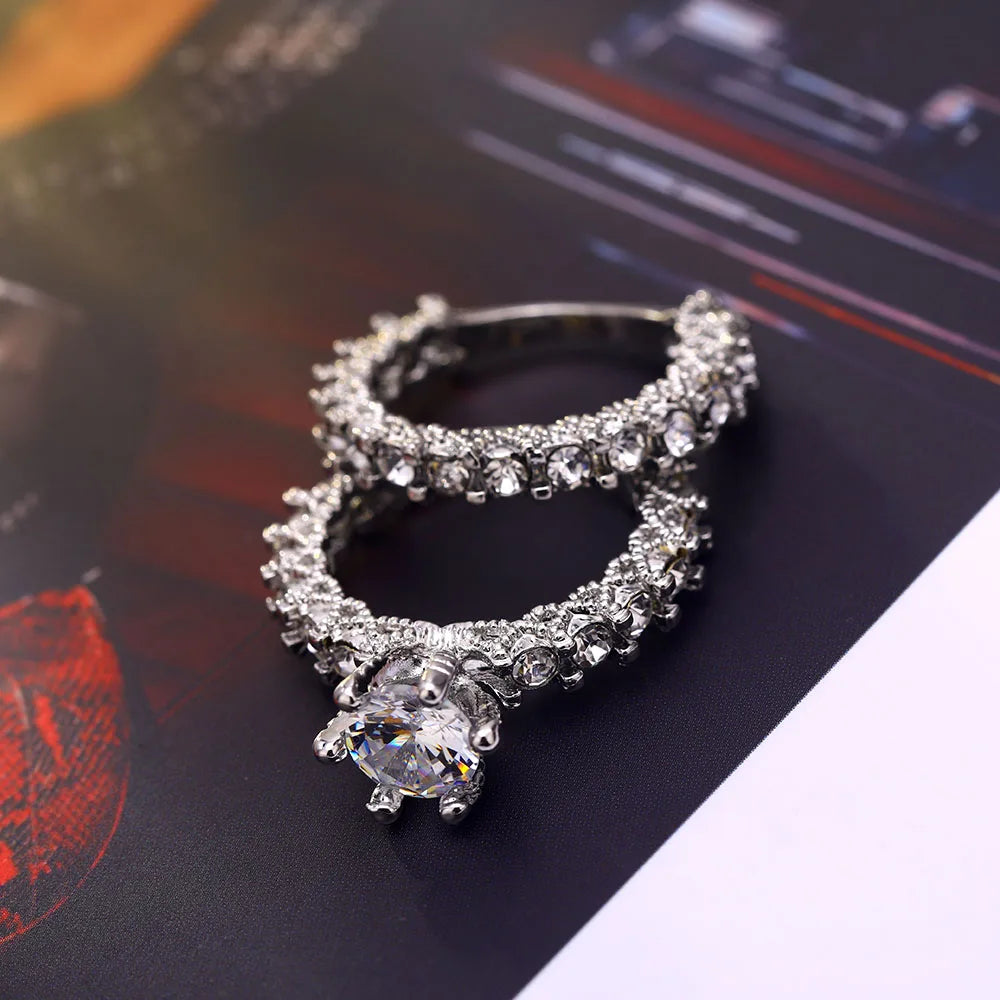 Elegant Zircon Silver Color Engagement Wedding Ring Set for Women