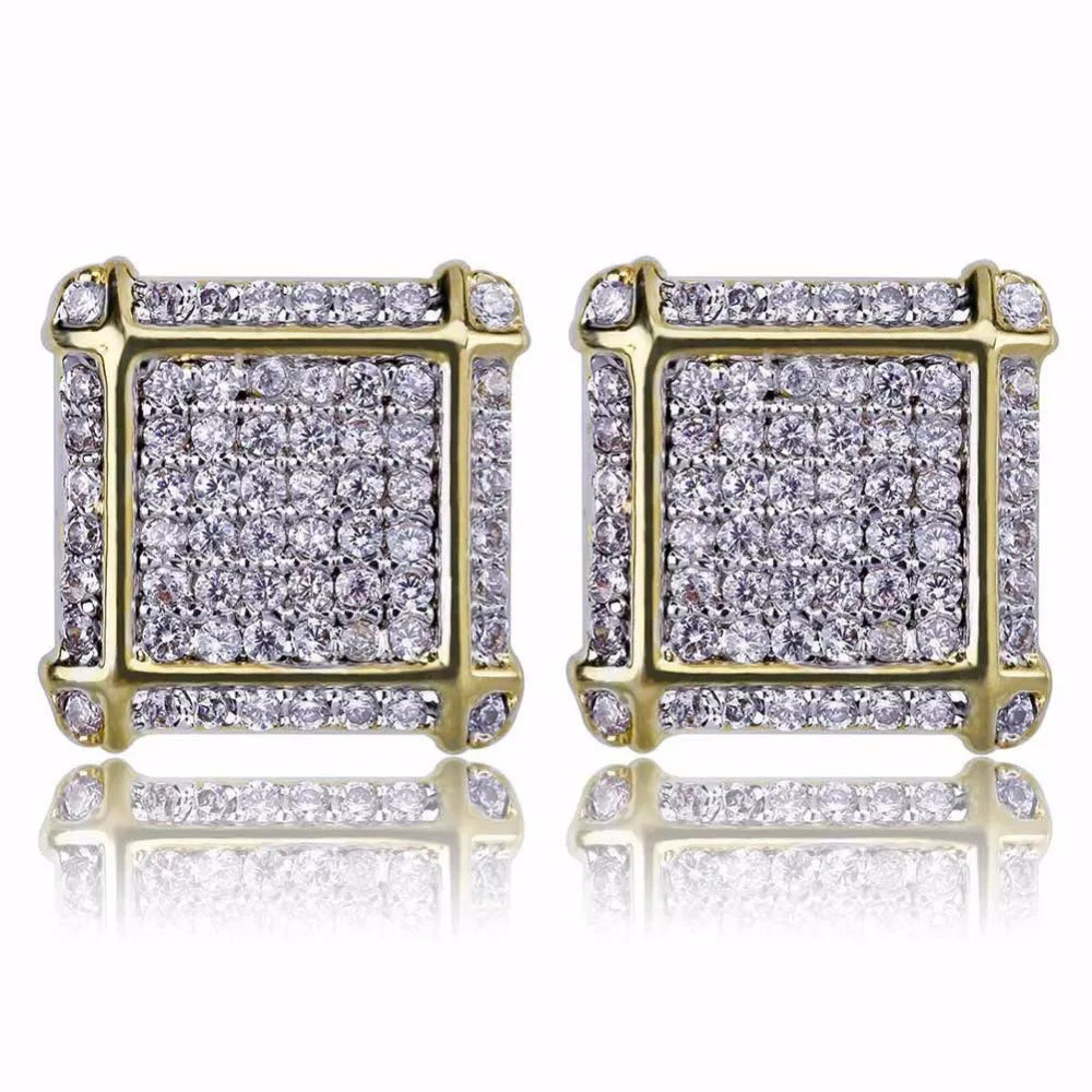 Full AAA+ CZ Stone Pave Bling Ice Out Men's Hip Hop Stud Earring Gold Color Copper Square Earrings for Men Hiphop Rapper Jewelry