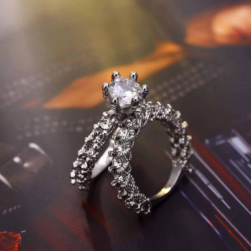 Elegant Zircon Silver Color Engagement Wedding Ring Set for Women