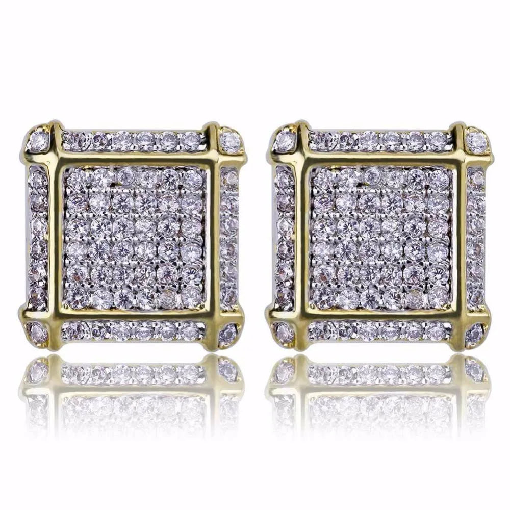 Full AAA+ CZ Stone Pave Bling Ice Out Men's Hip Hop Stud Earring Gold Color Copper Square Earrings for Men Hiphop Rapper Jewelry