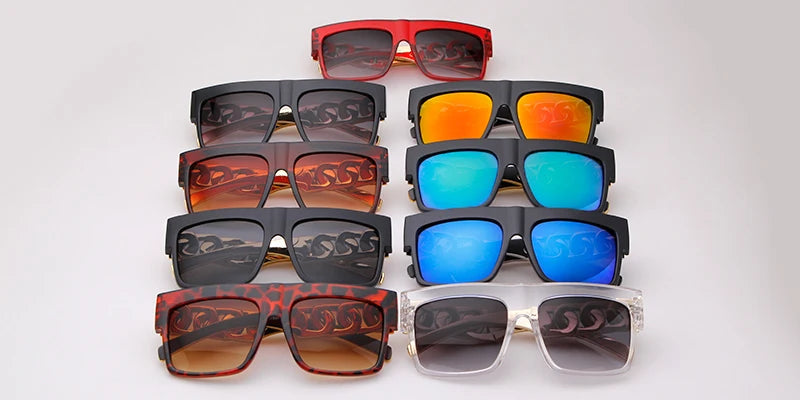 2025 Oversized Hip Hop Sunglasses Men Women Brand Design Flat Top Retro Square Black Sun Glasses Gold Plastic Chain Frame OM725