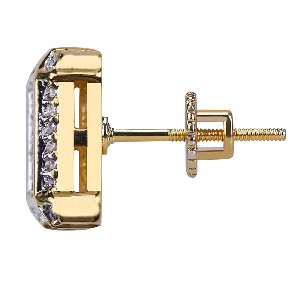 Full AAA+ CZ Stone Pave Bling Ice Out Men's Hip Hop Stud Earring Gold Color Copper Square Earrings for Men Hiphop Rapper Jewelry