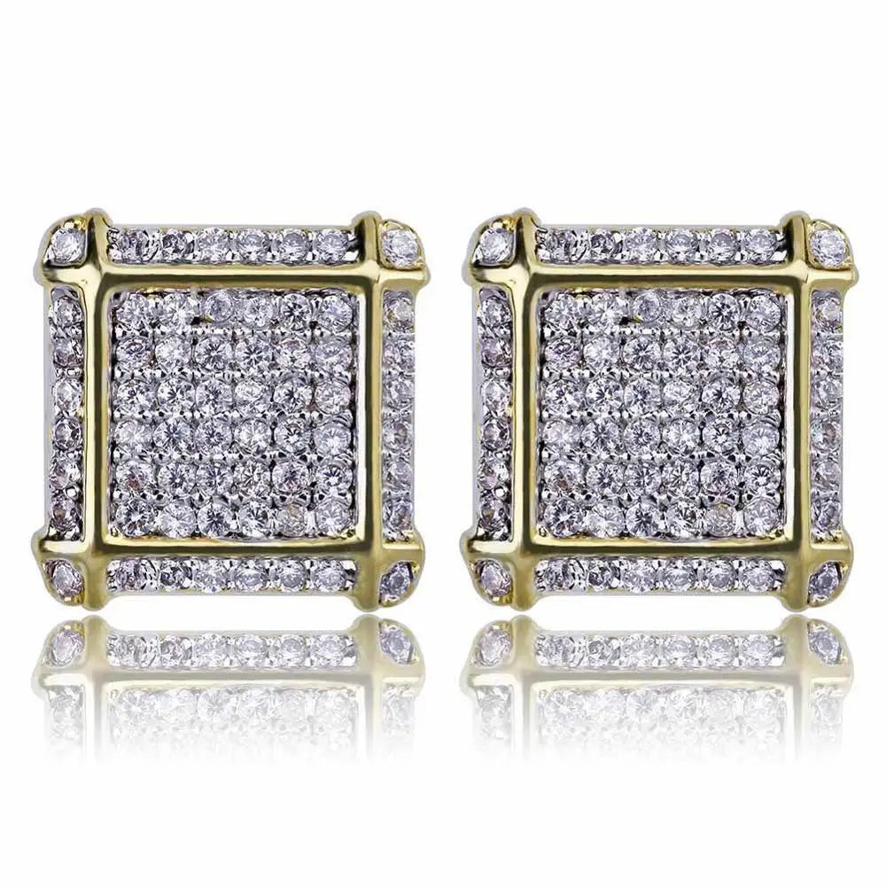 Full AAA+ CZ Stone Pave Bling Ice Out Men's Hip Hop Stud Earring Gold Color Copper Square Earrings for Men Hiphop Rapper Jewelry
